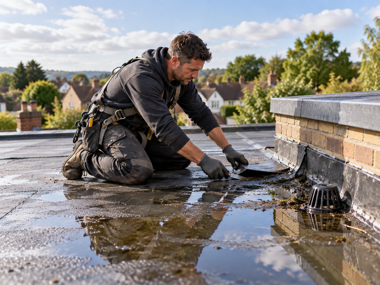 A flat roof being checked for standing water and drainage problems