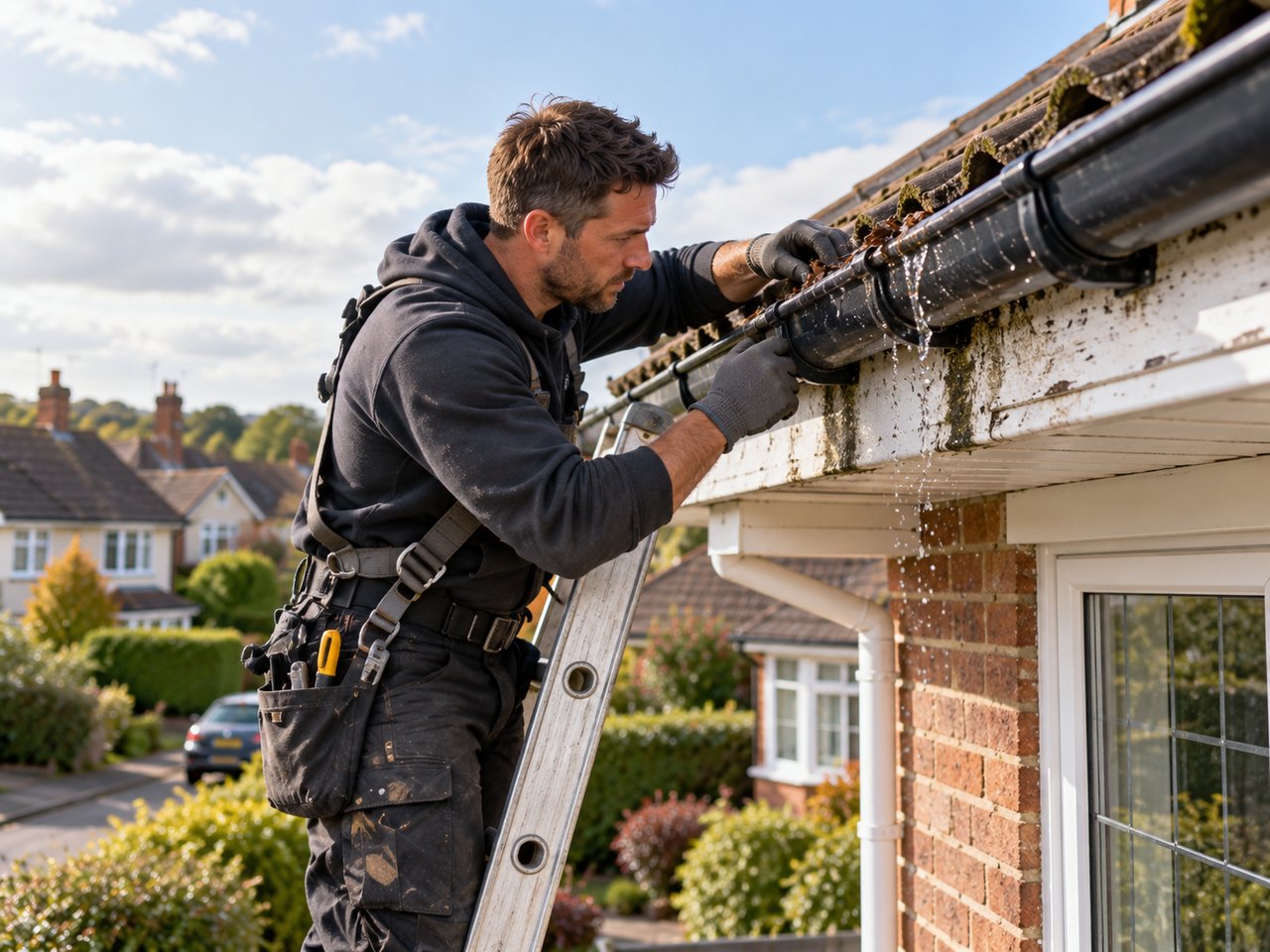 A roofer checking guttering and roof drainage