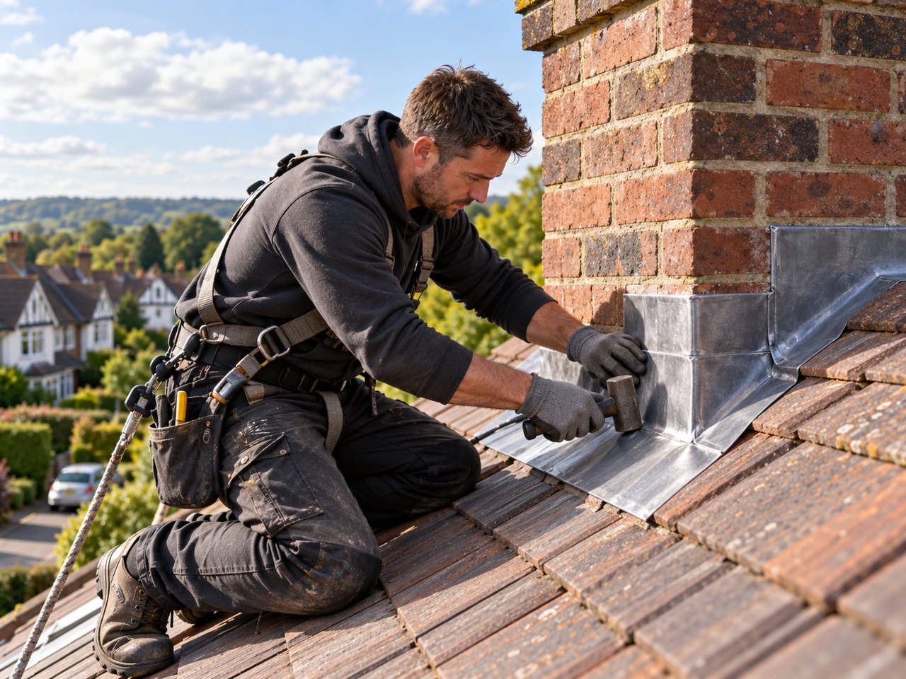 Lead flashing being checked around a roof junction