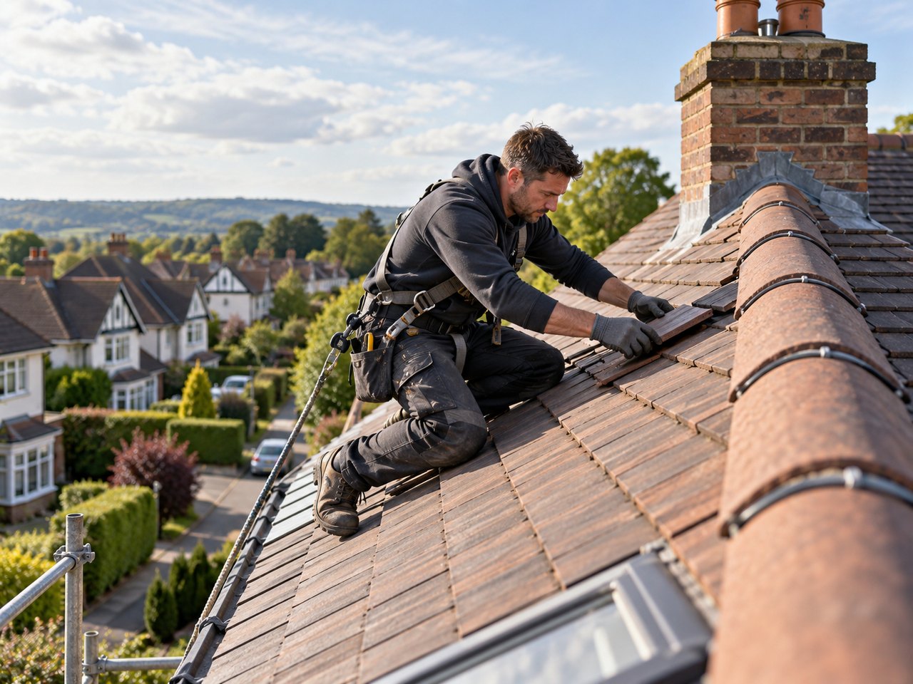 Roof tiles being inspected before repair or replacement work