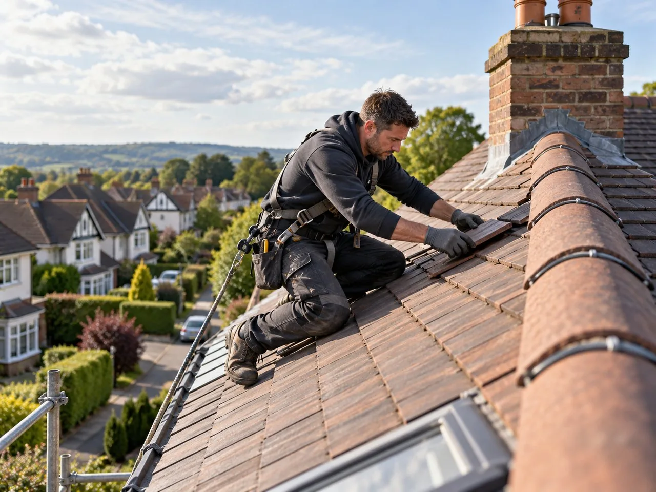 Roofer checking tiles during roof repair work