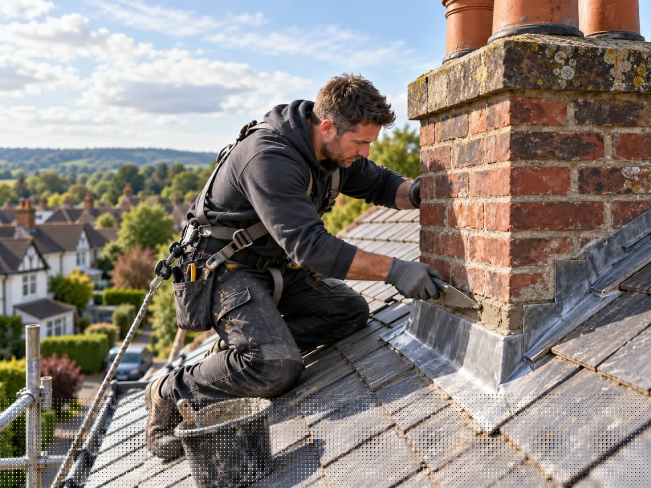 Chimney masonry and flashing repair work